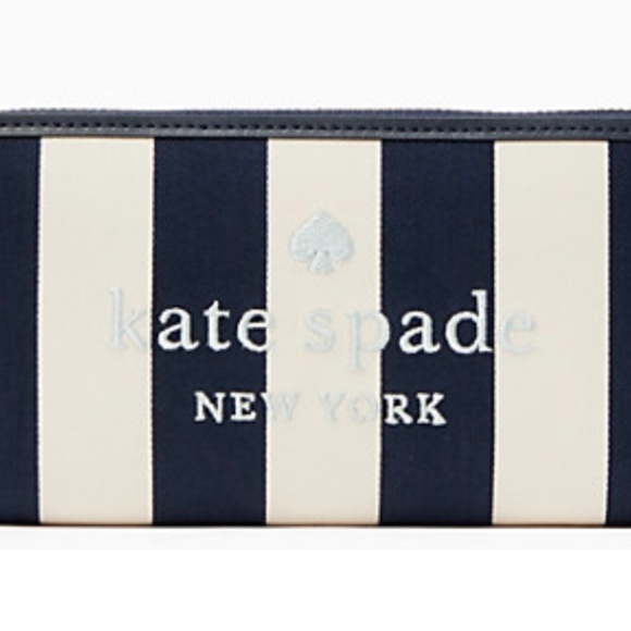 New Kate Spade Continental Wallet Striped Jacquard Zipper Embroidered Blue White - Picture 1 of 4